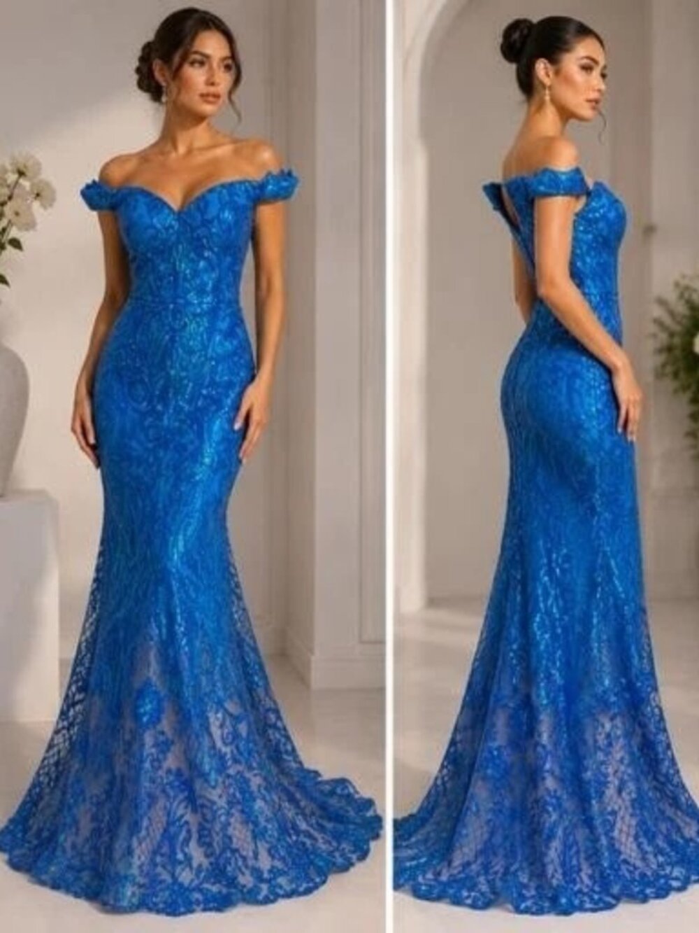 Sophia Thomas Royal Blue Sequin Off The Shoulder Gown